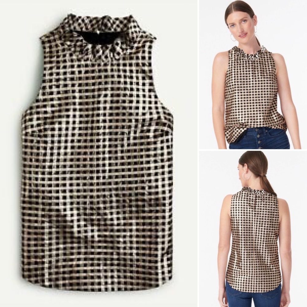 J. Crew ruffle neck gold/black check blouse